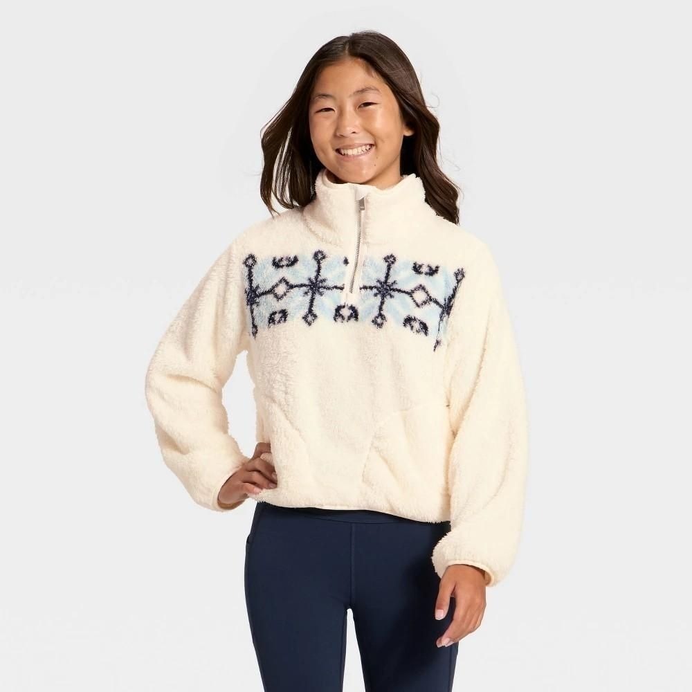All in Motion Girls High Pile Fleece 1/2 Zip Pullover Cream XL 14 Snowflake
